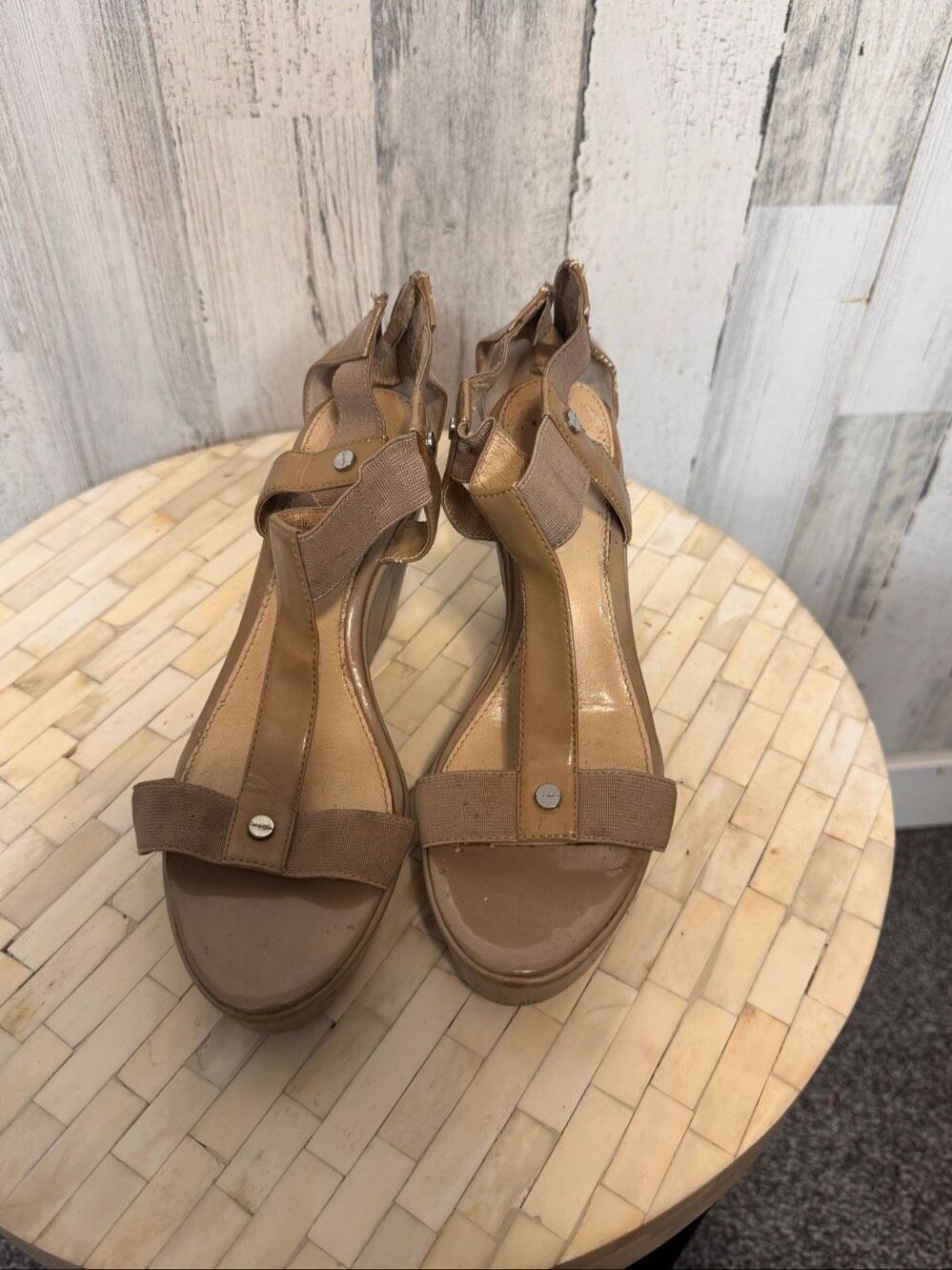 Calvin Klein Nude Tan Patent Elastic T-Strap High Platform Wedge Sandals Womens